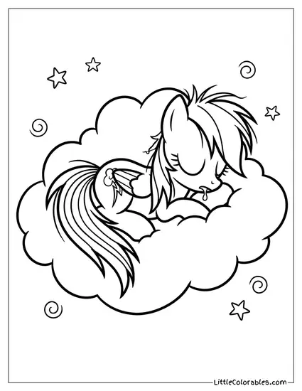 Rainbow Dash Fast Asleep and Drooling Slightly on a Fluffy Isolated Cloud My Little Pony Coloring Page