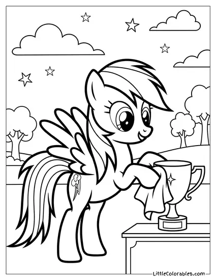 Rainbow Dash Proudly Polishing a Tiny Gold Trophy My Little Pony Coloring Page