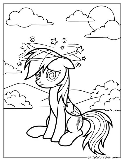 Rainbow Dash Sitting Dizzily with Cute Little Cartoon Stars Circling Her Head My Little Pony Coloring Page