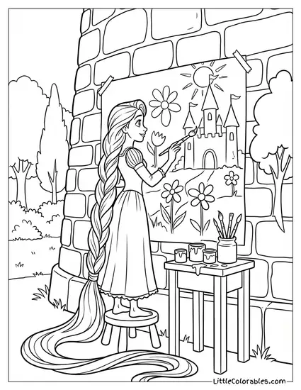 Rapunzel Painting a Mural on the Wall Coloring Page