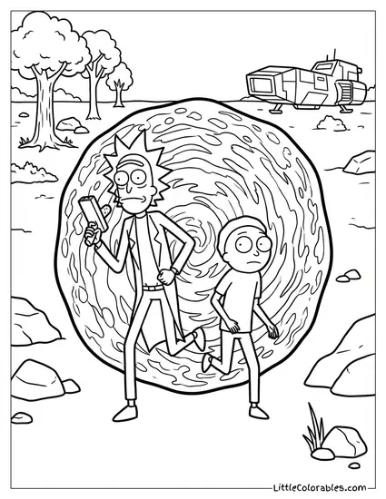Rick and Morty Stepping Out of a Portal Coloring Page