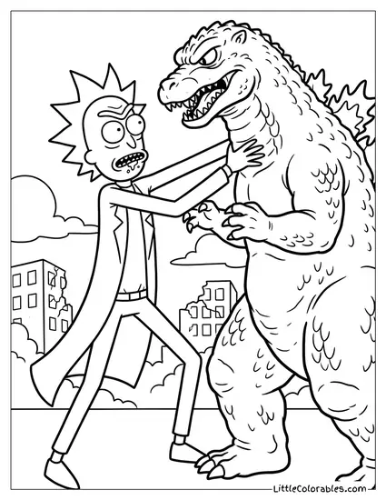 Rick Sanchez Fighting Godzilla Coloring Page