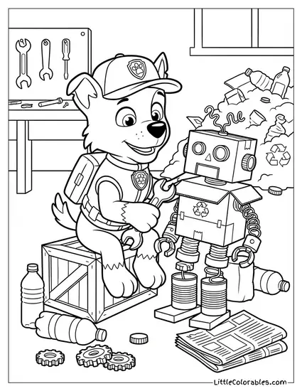 Rocky Building a Robot Out of Trash PAW Patrol Coloring Page