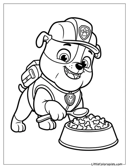 Rubble Eating a Bowl of Kibble PAW Patrol Coloring Page