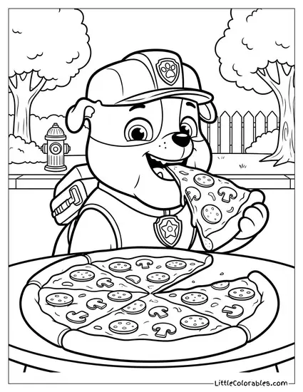 Rubble Eating a Giant Pizza PAW Patrol Coloring Page