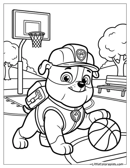 Rubble Playing Basketball PAW Patrol Coloring Page