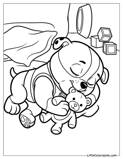 Rubble Sleeping with a Teddy Bear PAW Patrol Coloring Page