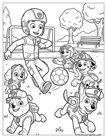 Ryder Playing Soccer with the Pups PAW Patrol Coloring Page
