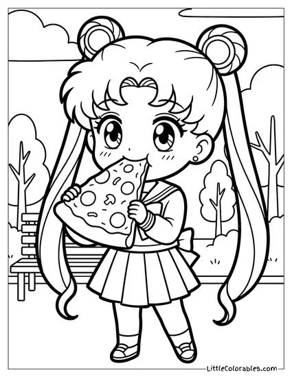Sailor Moon Eating a Giant Pizza Coloring Page