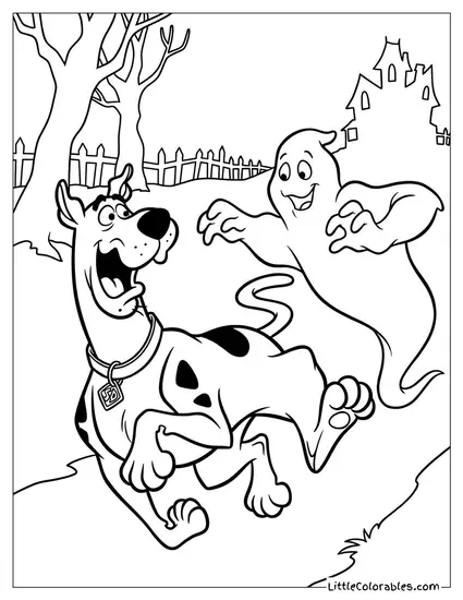 Scooby Doo Running Away from a Ghost Coloring Page