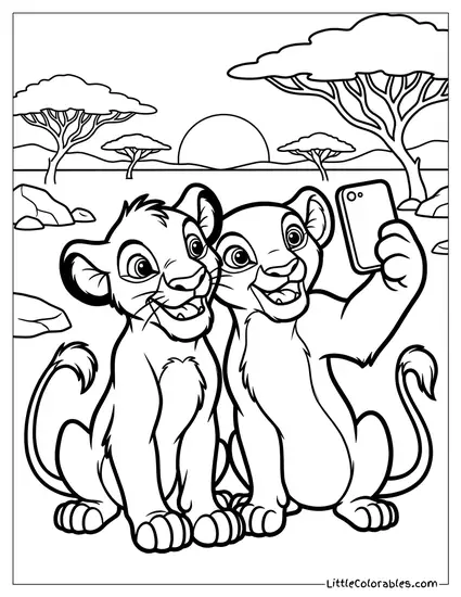 Simba and Nala Taking a Selfie Coloring Page