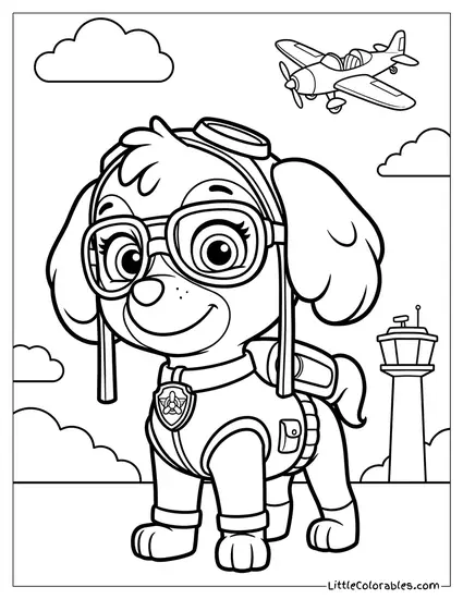 Skye Dressed as a Pilot with Aviator Glasses PAW Patrol Coloring Page