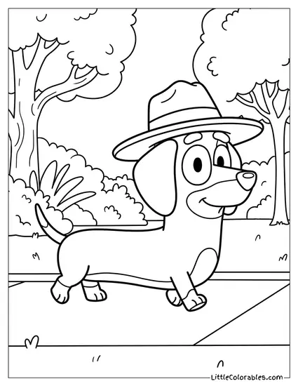 Snickers the Sausage Dog Wearing His Hat Bluey Coloring Page