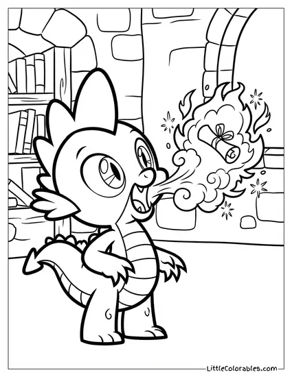 Spike Burping Up a Scroll with a Little Puff of Magical Green Fire My Little Pony Coloring Page