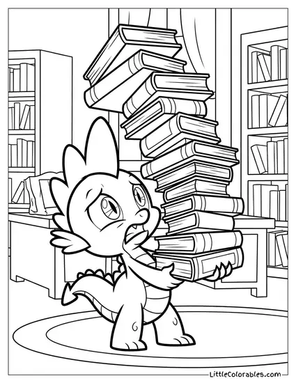 Spike Trying to Carry a Stack of Books That Is Dangerously Wobbling My Little Pony Coloring Page