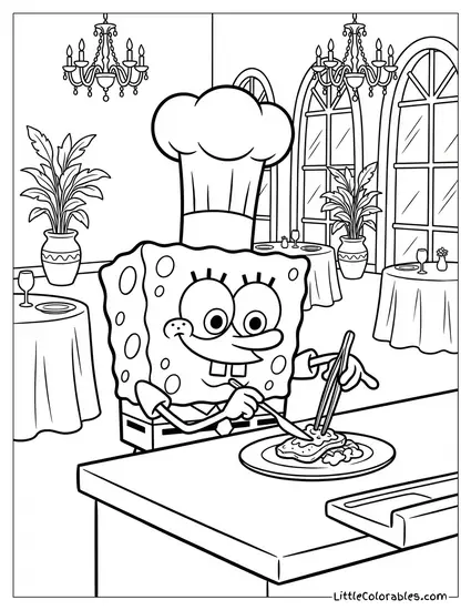 Spongebob Working at a High End Restaurant Coloring Page