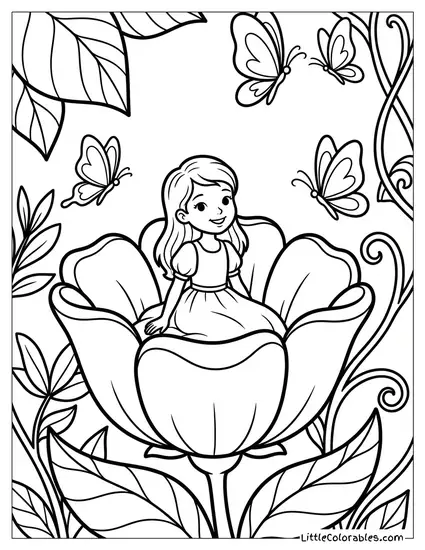 Thumbelina Sitting in a Flower Coloring Page