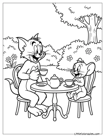 Tom and Jerry Having a Tea Party Together Peacefully Coloring Page