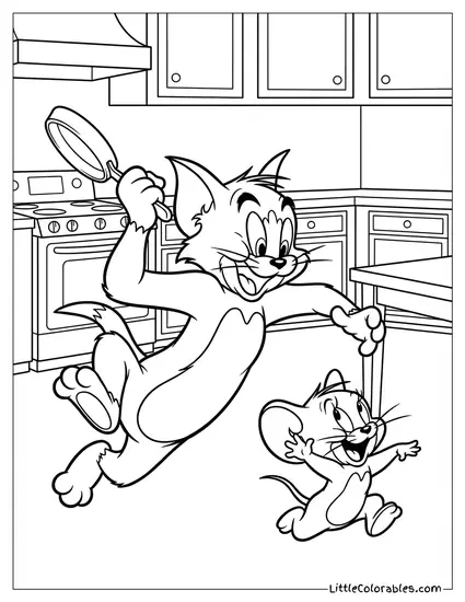 Tom Chasing Jerry with a Frying Pan Coloring Page