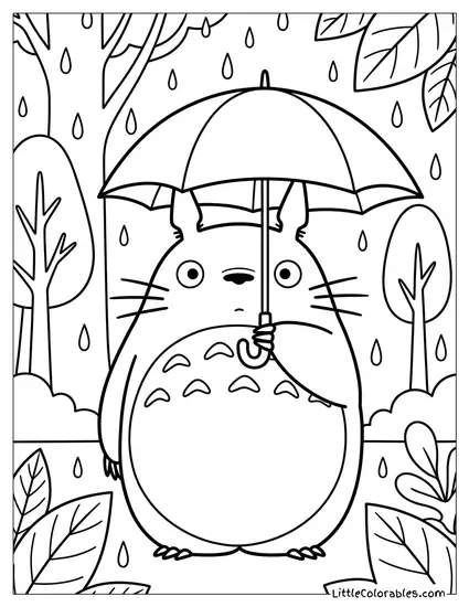 Totoro Holding an Umbrella in the Rain Coloring Page