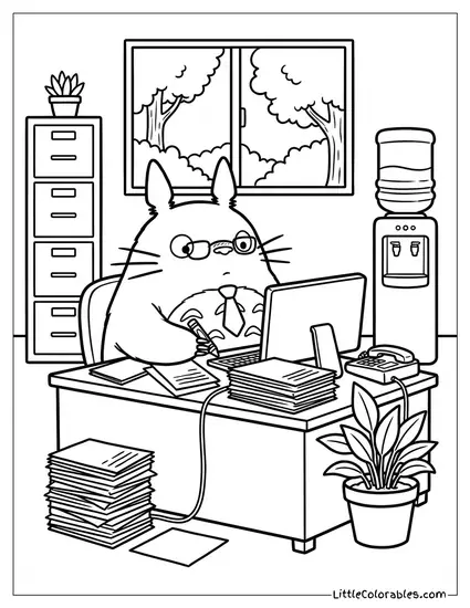 Totoro Working in an Office Coloring Page