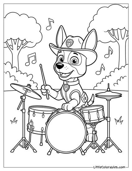 Tracker Playing the Drums PAW Patrol Coloring Page