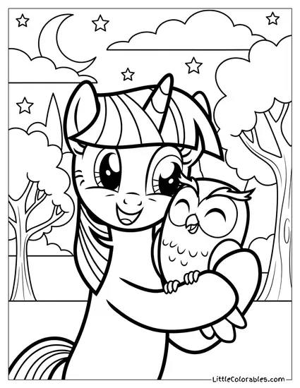 Twilight Sparkle Giving Owlowiscious a Tight Happy Hug My Little Pony Coloring Page