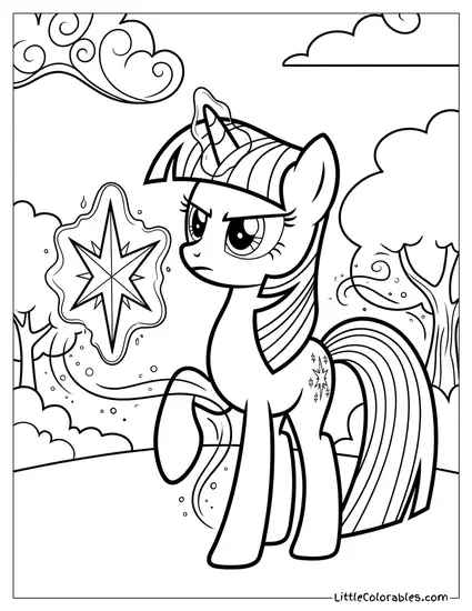 Twilight Sparkle Levitating a Single Glowing Star with a Look of Intense Focus My Little Pony Coloring Page
