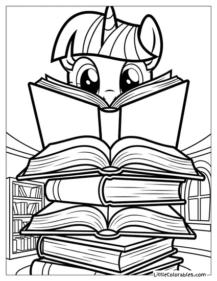 Twilight Sparkle Peeking Over a Tall Stack of Oversized Books My Little Pony Coloring Page