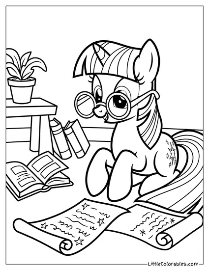 Twilight Sparkle Wearing Oversized Reading Glasses While Looking at a Scroll My Little Pony Coloring Page
