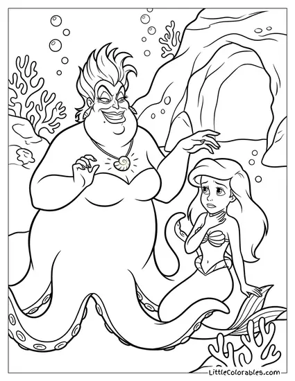 Ursula the Sea Witch Stealing Ariel's Voice Coloring Page
