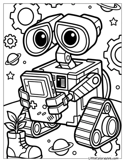 Wall E Playing a Game Boy Coloring Page