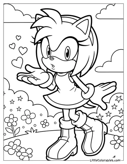 Amy Rose Blowing a Kiss with Hearts Coloring Page