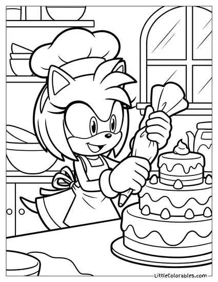 Amy Rose Dressed as a Baker Making a Huge Cake Coloring Page