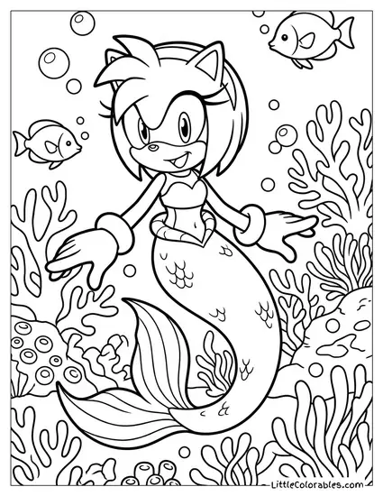 Amy Rose Dressed as a Mermaid Swimming Coloring Page