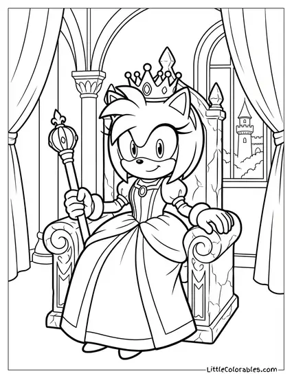 Amy Rose Dressed as a Queen Sitting on a Throne Coloring Page