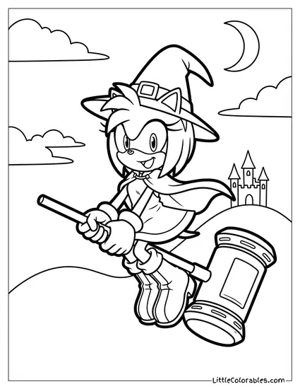 Amy Rose Dressed as a Witch Flying on Her Hammer Coloring Page