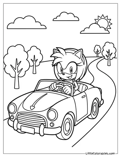 Amy Rose Driving Her Pink Convertible Car Coloring Page