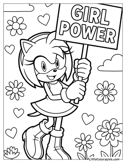 Amy Rose Holding a Sign That Says Girl Power Coloring Page