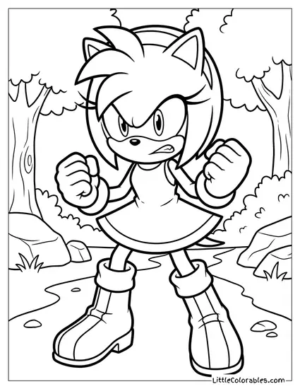 Amy Rose Looking Angry and Ready to Fight Coloring Page