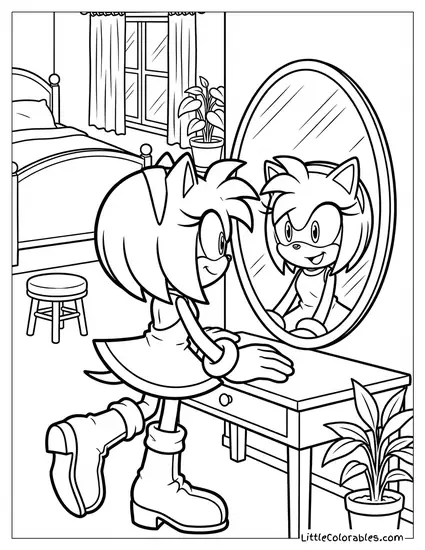 Amy Rose Looking at Her Reflection in a Mirror Coloring Page
