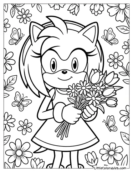 Amy Rose Looking Lovely with Flowers in the Background Coloring Page