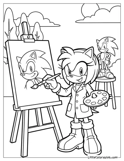 Amy Rose Painting a Portrait of Sonic Coloring Page