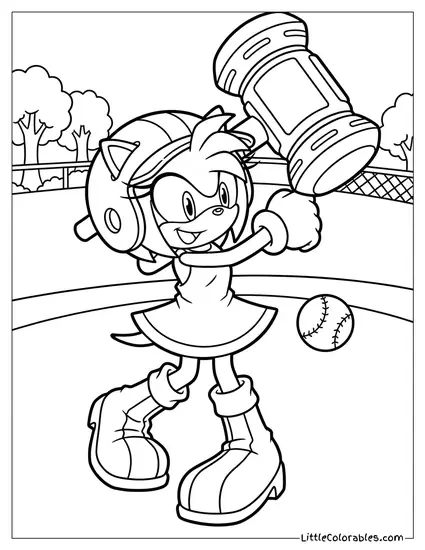 Amy Rose Playing Baseball Using Her Hammer as a Bat Coloring Page