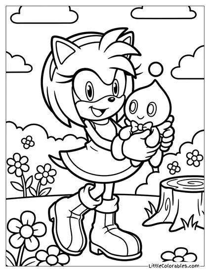 Amy Rose Playing with Cheese the Chao Coloring Page