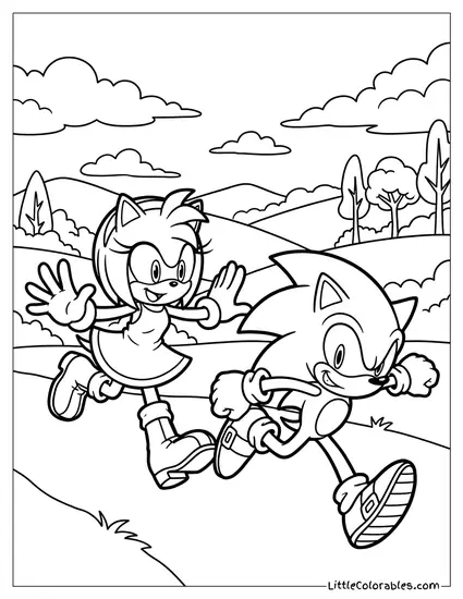 Amy Rose Running and Chasing After Sonic Coloring Page