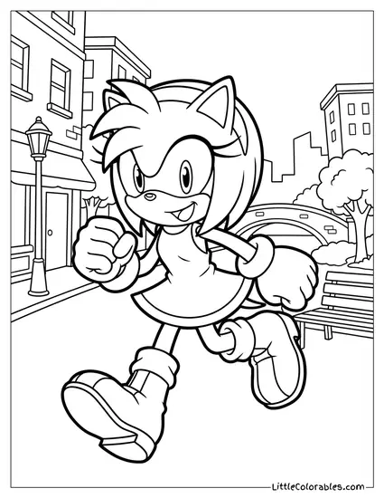 Amy Rose Running Through a City Level Coloring Page