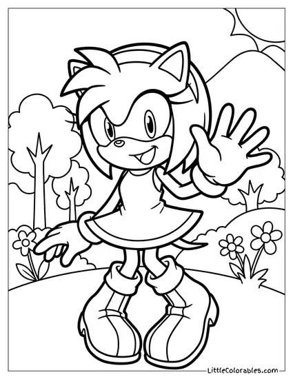Amy Rose Smiling and Waving Cheerfully Coloring Page