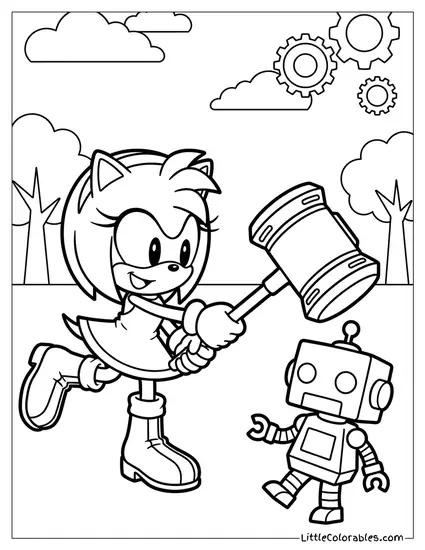 Amy Rose Swinging Her Hammer at a Robot Coloring Page