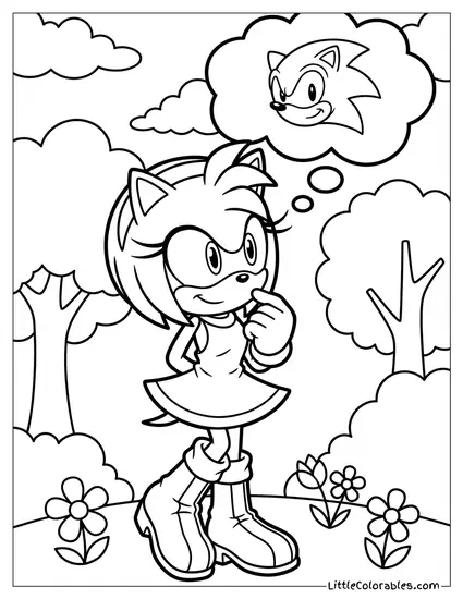 Amy Rose Thinking About Sonic with a Thought Bubble Coloring Page
